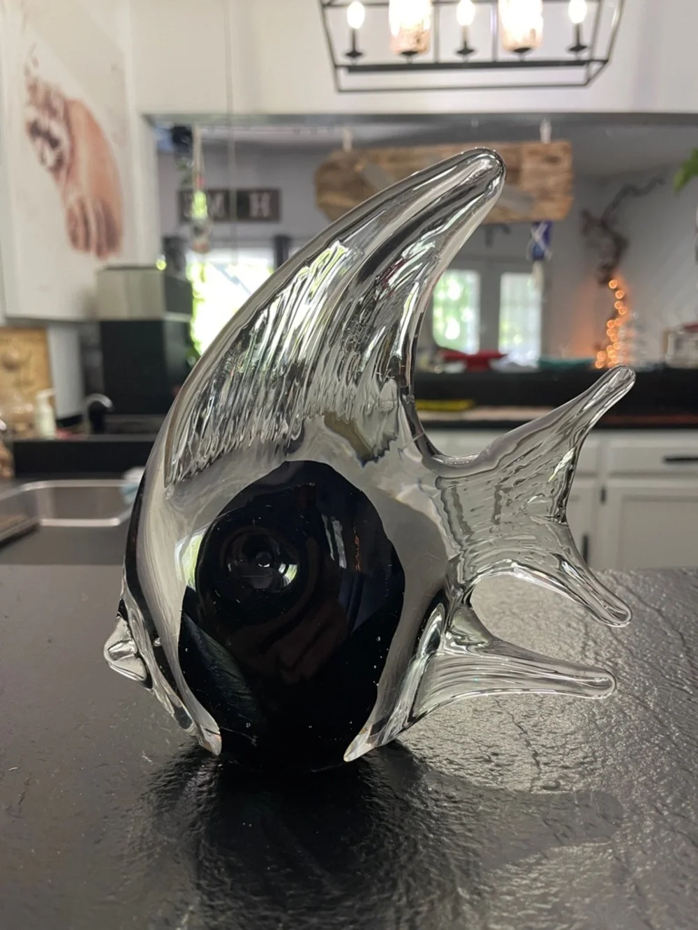 Decorative Handblown Glass Fish Figurine - Black and Clear